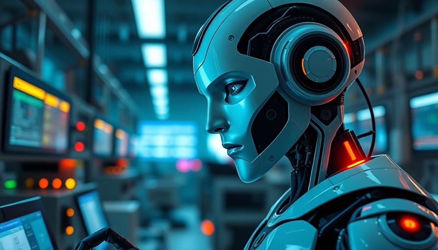 Futuristic humanoid robot analyzing data in a high-tech lab.