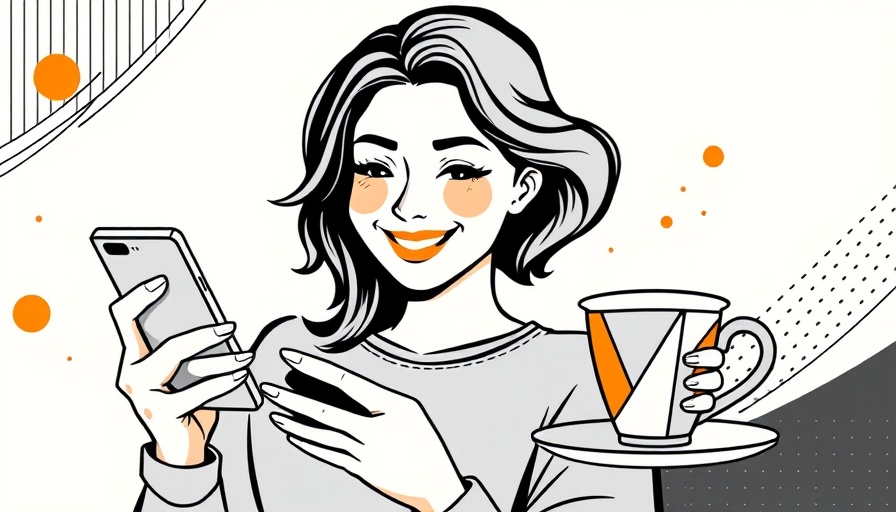 Modern graphic collage with woman, phone, e-reader, and coffee cup.