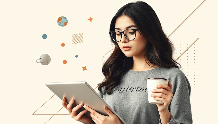 Stylized collage with free ebook templates theme featuring a woman, tablet, and coffee.