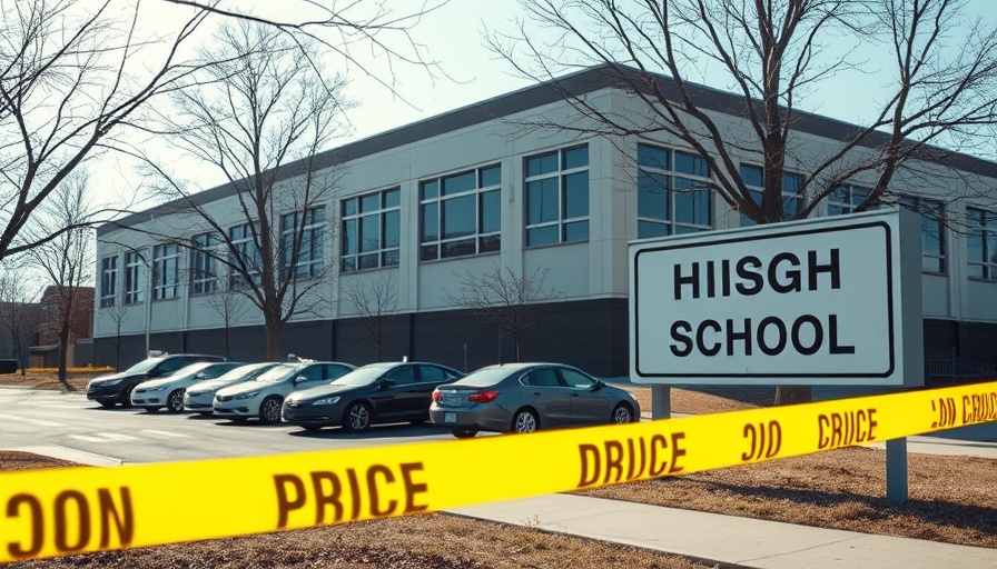 High school entrance and school sign with police tape reflecting on online radicalization and school shootings.