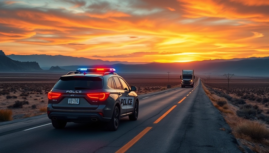 Police car stops truck in rural area, highlighting traffic enforcement.