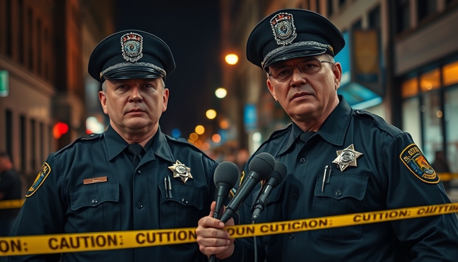 Law enforcement officers at nighttime press conference.