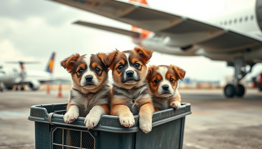 NAVC Gives award animal welfare: Puppies in carrier on airport tarmac.