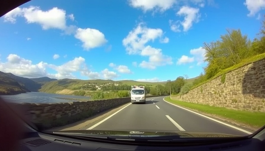 Police vehicle dashcam view of a narrow road beside a river, vibrant scene.