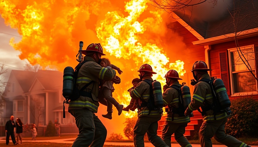 Police rescue children from fire in suburban house as flames erupt.