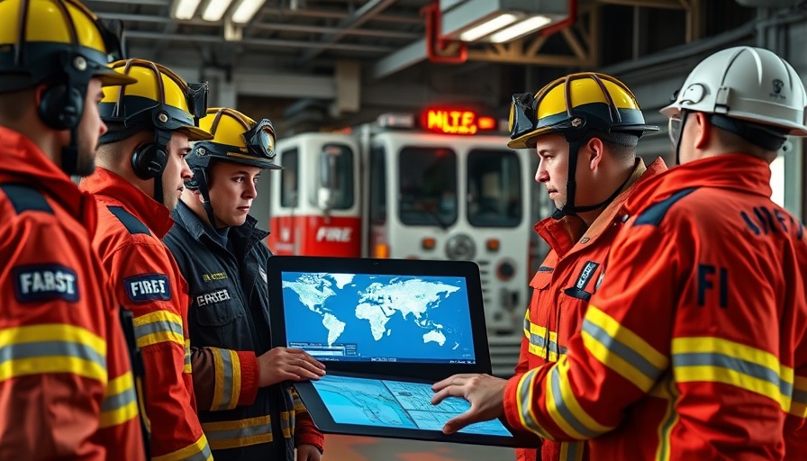 Firefighters discussing strategy with digital map; public safety degree for first responders.