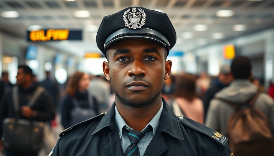 Solemn immigration officer at a busy airport, related to U.S. immigration enforcement policies.