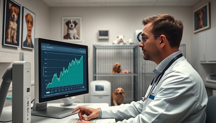 Veterinarian reviewing rising healthcare costs graphics in clinic.