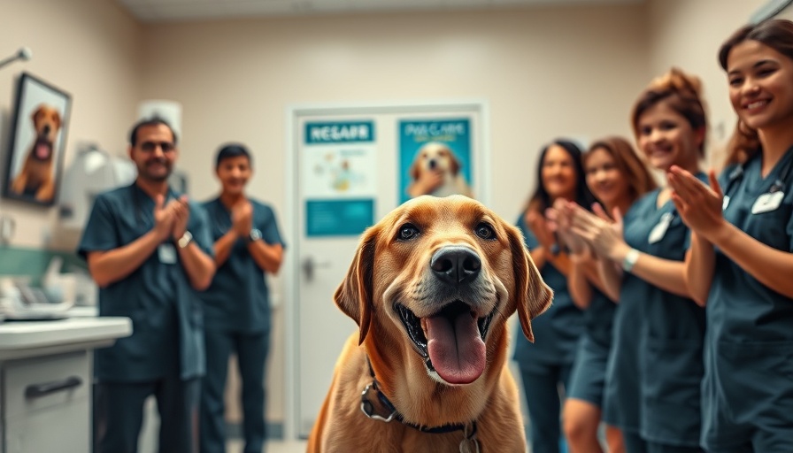 Vet and team appreciating dog in clinic, showcasing employee appreciation.