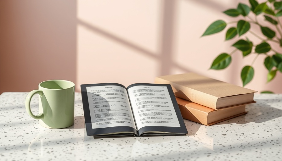 Cozy scene with an e-reader and coffee, ideal for veterinary e-book.