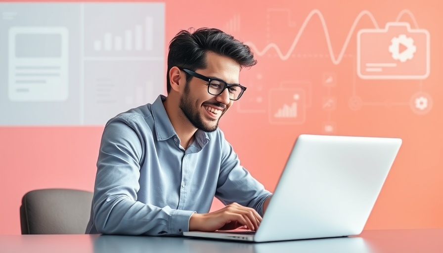 Man using laptop in modern web design context with HTML, CSS, and JavaScript elements.