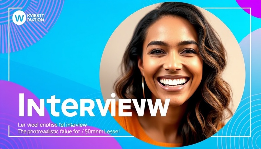 Video interview with smiling woman on blue background.