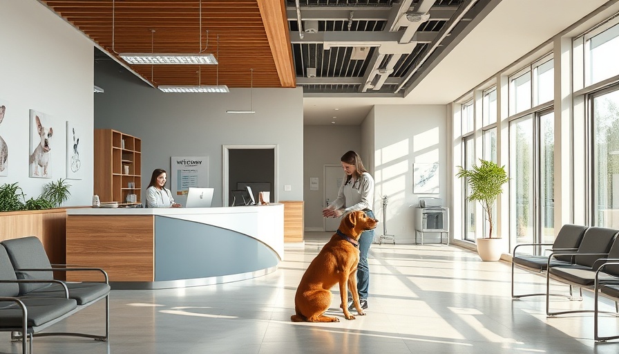 Modern veterinary waiting room inviting atmosphere, woman with dog.