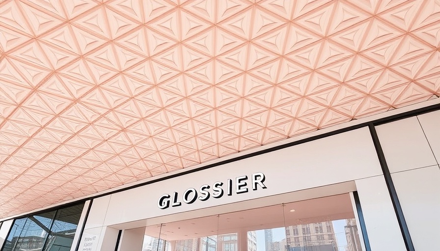 Glossier signage on pink wall under geometric ceiling.