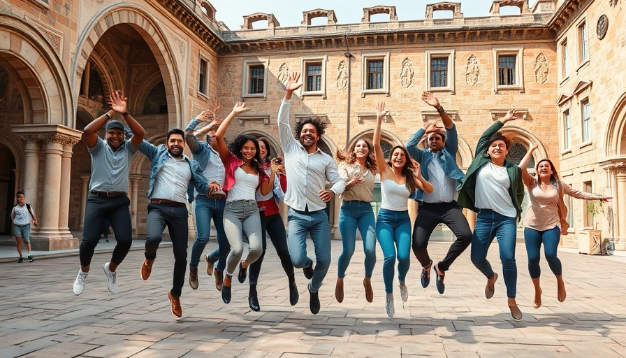 Energetic team showcasing excitement in a courtyard, symbolizing customer support in the aesthetics industry.