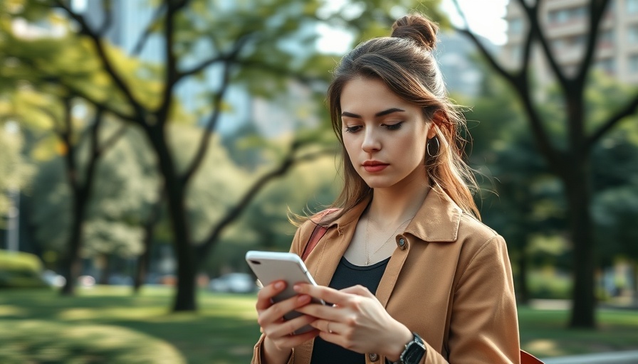 Young woman explores phone in city park reflecting consumer search behavior changes.