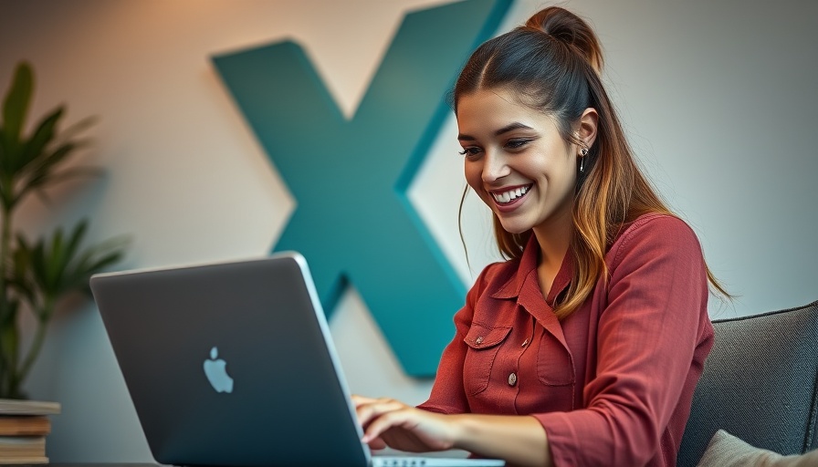Young woman smiling while using laptop with X Ads logo in background.