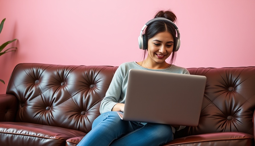 Young woman working on a laptop for influencer media kit, relaxed on couch.