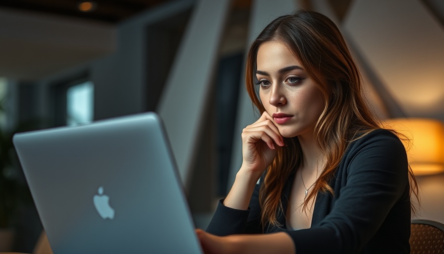 Thoughtful woman working on a laptop, modern abstract background.
