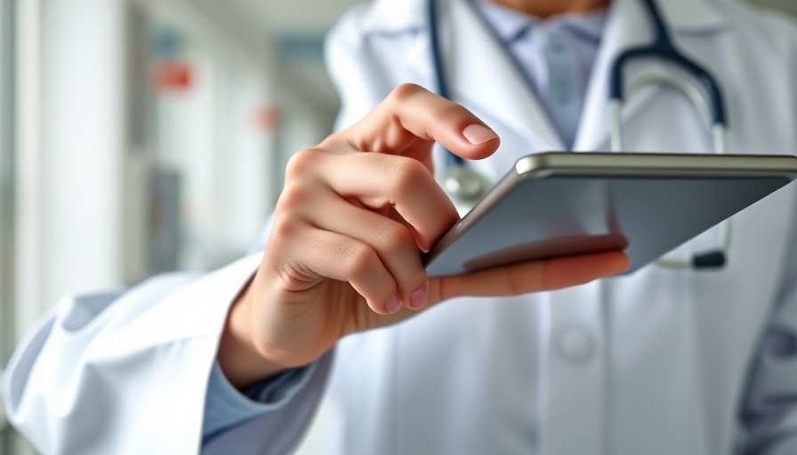 Doctor using a touchscreen tablet in a medical setting.