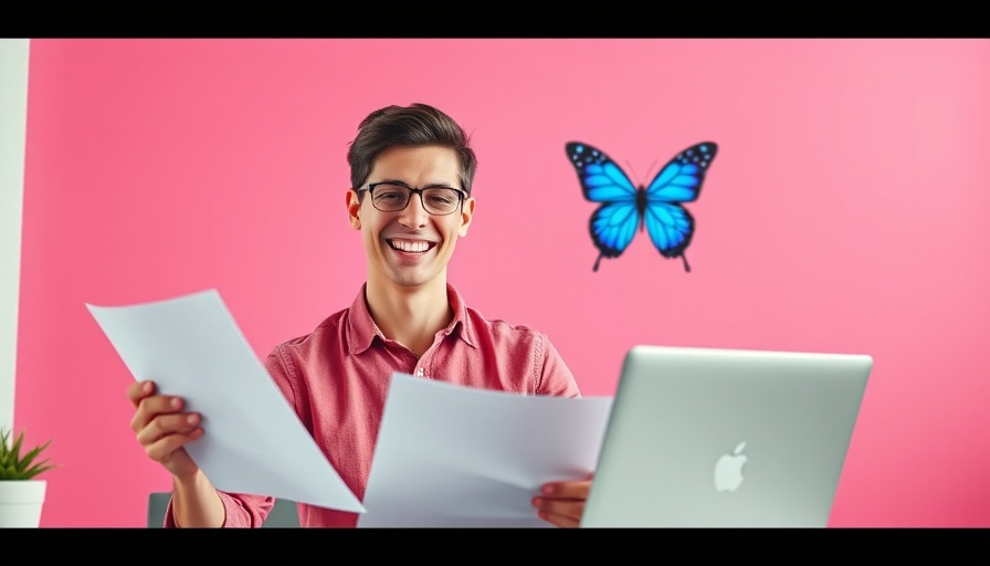 Cheerful young man scheduling posts on Bluesky with laptop.