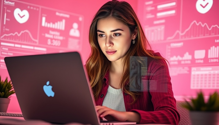 Young woman using laptop with Hootsuite features, pink background.