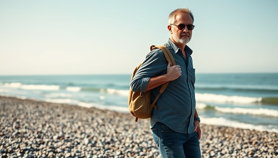Man with backpack on pebble beach, highlighting remote work gear for professionals.