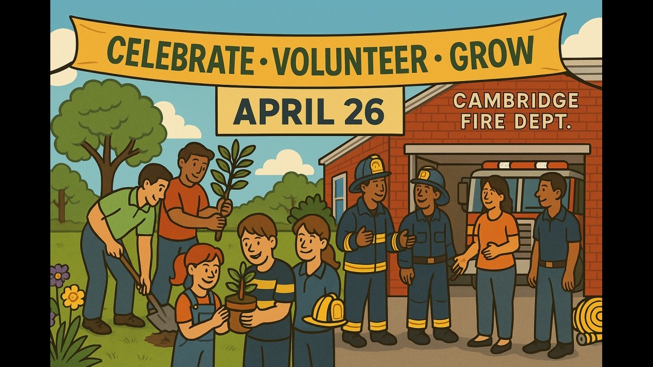 Illustrated poster showing two community scenes side by side. On the left, families and children are planting trees and watering flowers in a sunny park to celebrate Arbor Day. On the right, firefighters interact with visitors outside a fire station with a firetruck and gear on display. A bright banner across the top reads 'Celebrate · Volunteer · Grow.