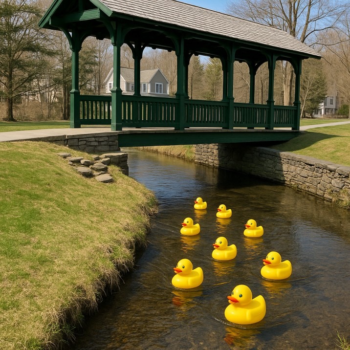 Green covered footbridge over a shallow creek with eight yellow rubber ducks floating downstream beneath it.