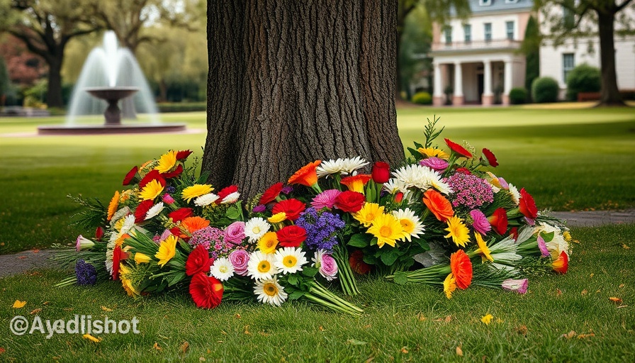 Memorial flowers at tree base in a peaceful park setting.