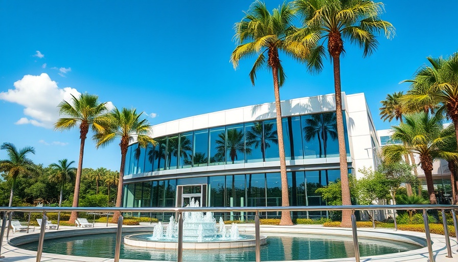 Waterside Shops redevelopment, modern facade with palm trees.