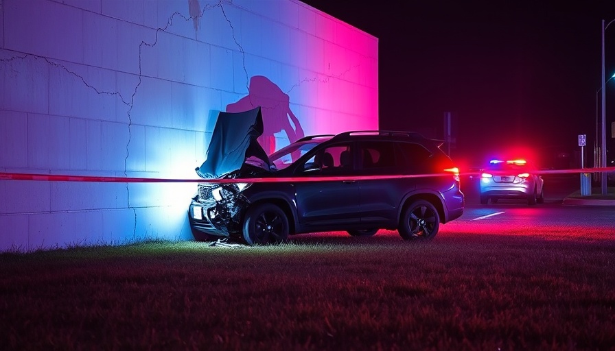 Clearwater car crash scene with SUV against a wall at night.