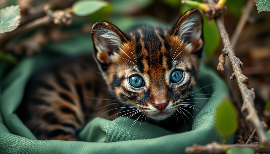 Adorable Florida panther kitten with blue eyes in green fabric, close-up.