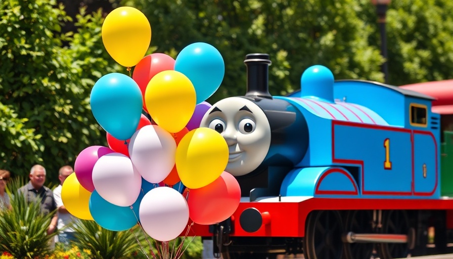 Day Out with Thomas event in Manatee County, colorful balloons and train.