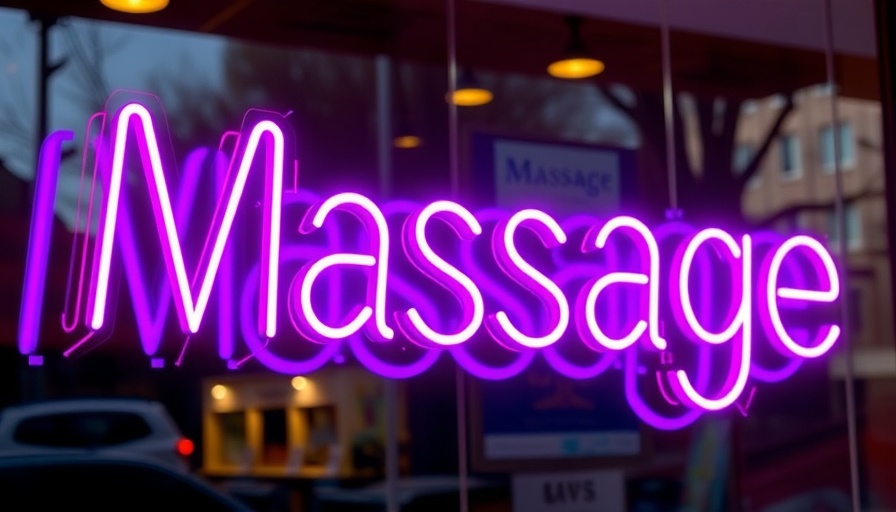 Cape Coral massage parlor with neon sign reflecting on glass door.