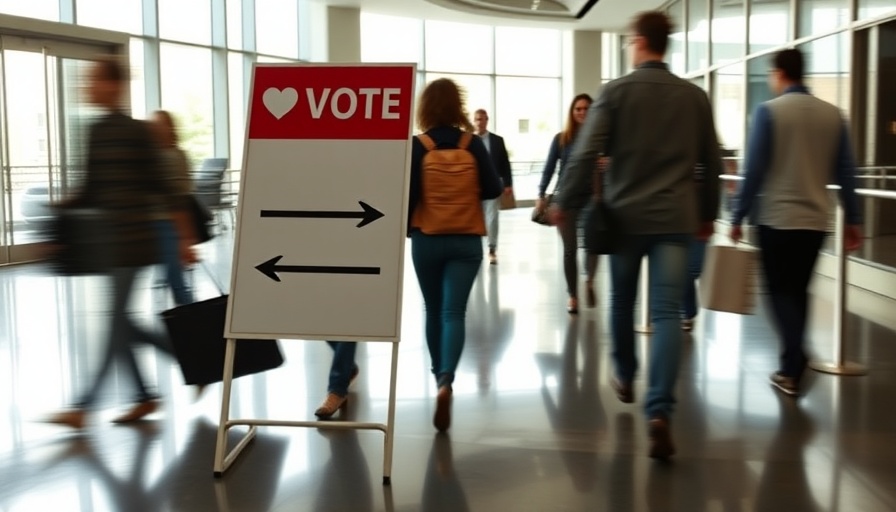 Directional vote sign with people walking in a building lobby, Florida Special Elections Fundraising.