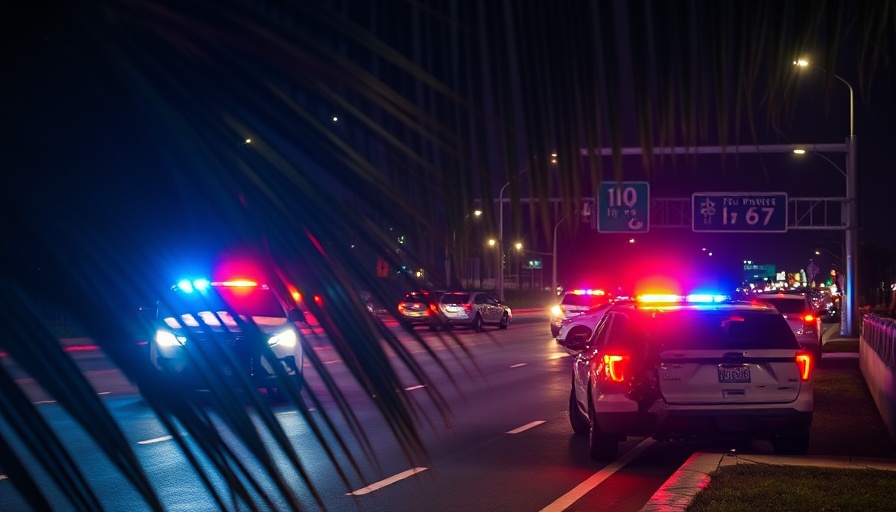 Police at night scene with flashing lights at I-75 collision, Collier County