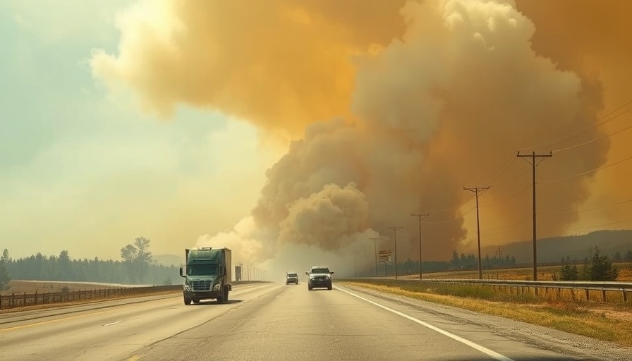 Florida wildfires impact from land development with dense smoke and highway traffic.