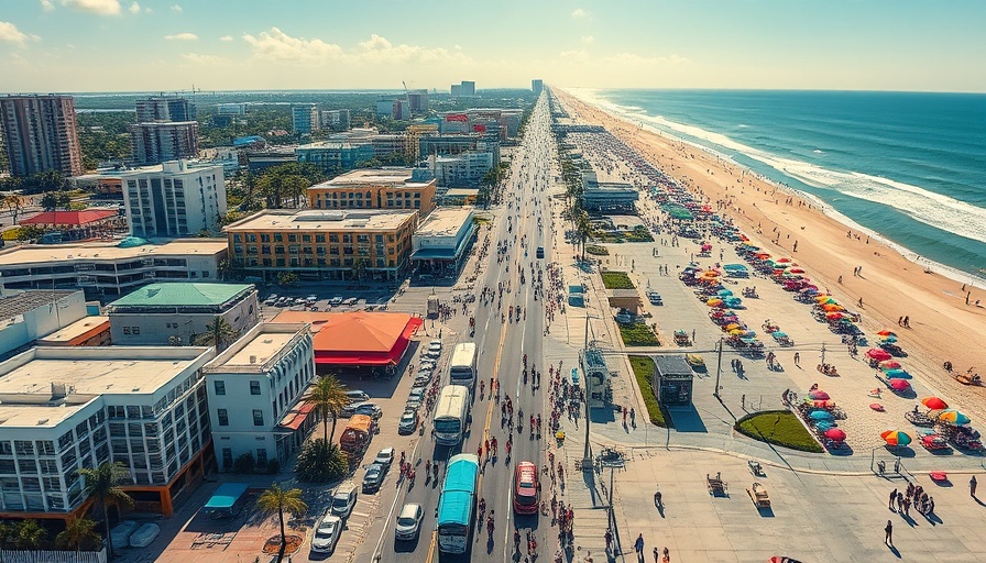 Fort Myers Beach spring break surge aerial view, umbrellas and crowds.