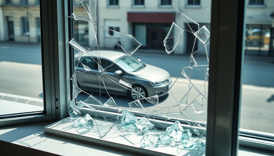 Vandalism at State Senator's Office showing broken window glass.