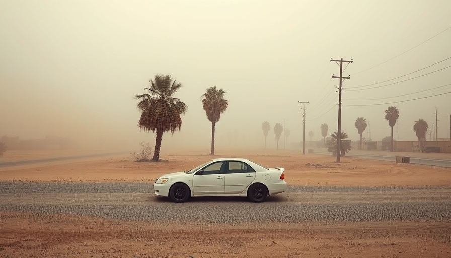 Dusty environment in Manatee County with car and power lines.