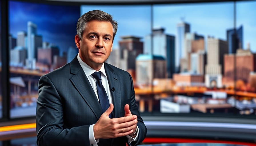 Mature news anchor in a modern studio setting, reporting.