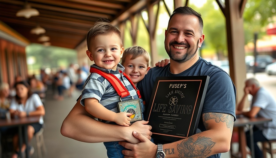 Proud father holding child at heroism award ceremony outdoors.