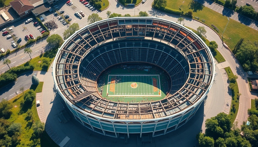 Aerial view showing hurricane recovery at Florida stadium.