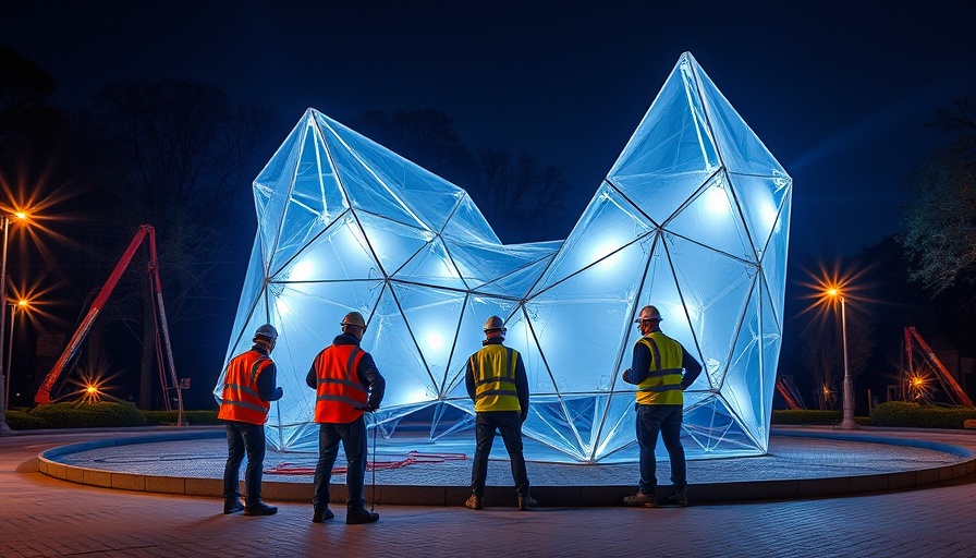 Construction workers assembling poly installation at night with floodlights.