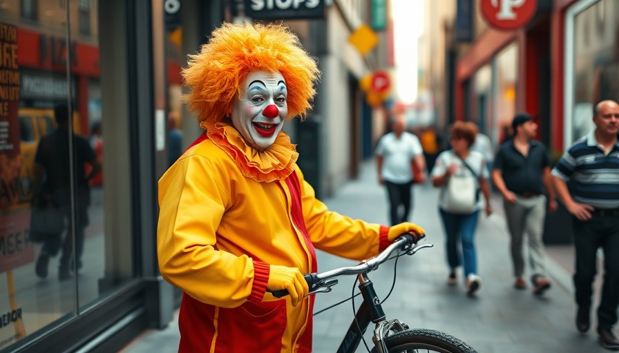 Florida man dressed as clown on sidewalk beside a bike.