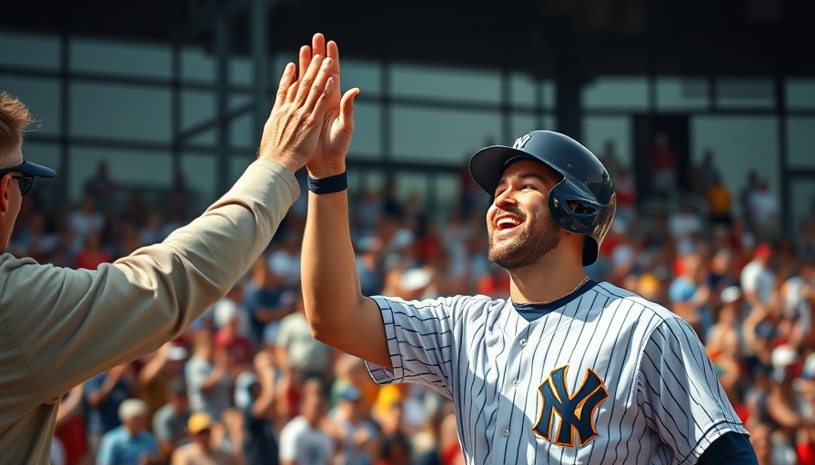 Celebrating player at Rays season home opener high-fives teammate.