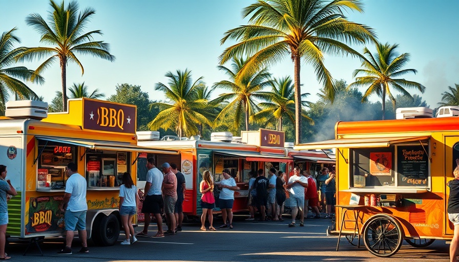 Festive BBQ contest with food trucks in Fort Myers under palm trees.