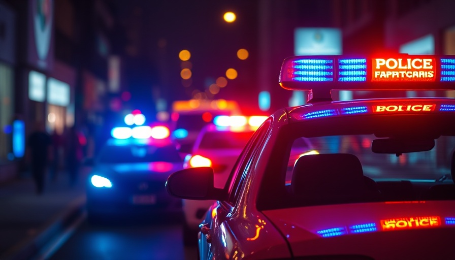 Blurred police lights glowing on emergency vehicles at night.