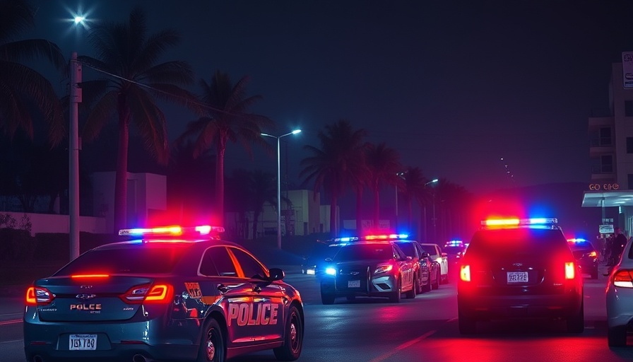 Bradenton police vehicles with flashing lights in nighttime setting.